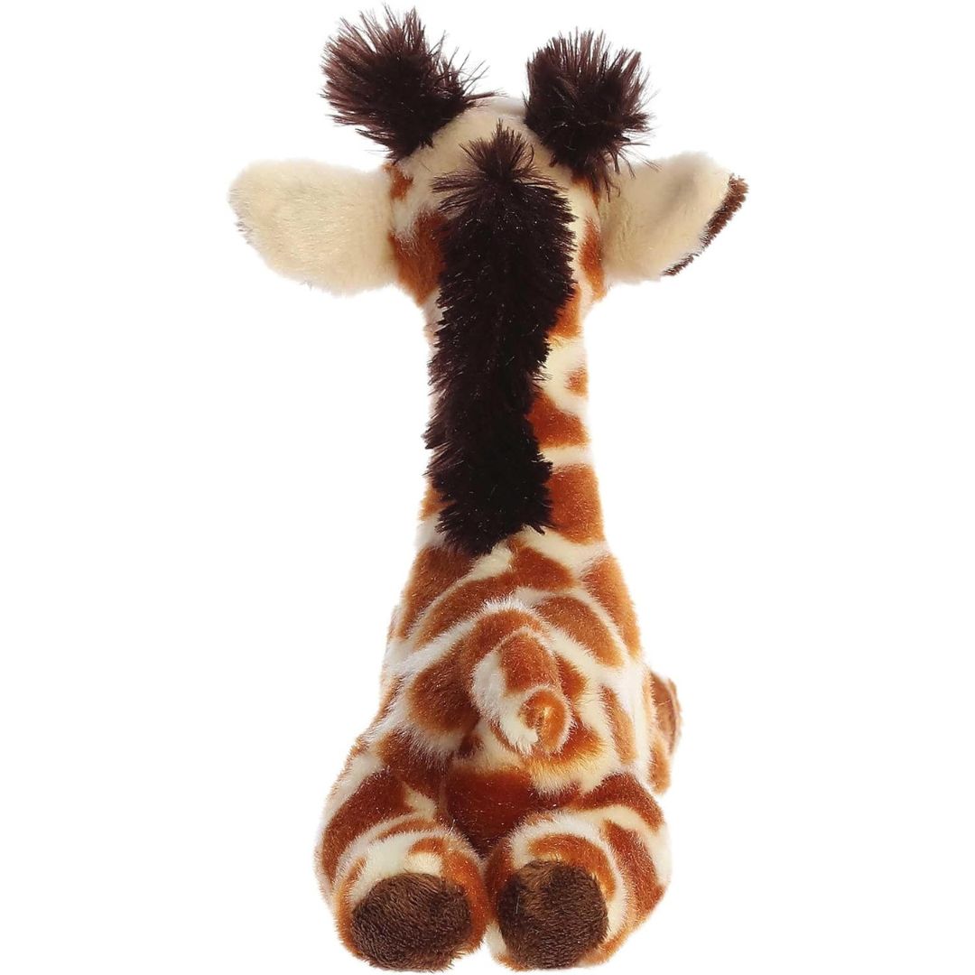 Direct back view of the cuddly giraffe stuffed animal highlighting the dark brown fluffy mane running down the back of its neck.