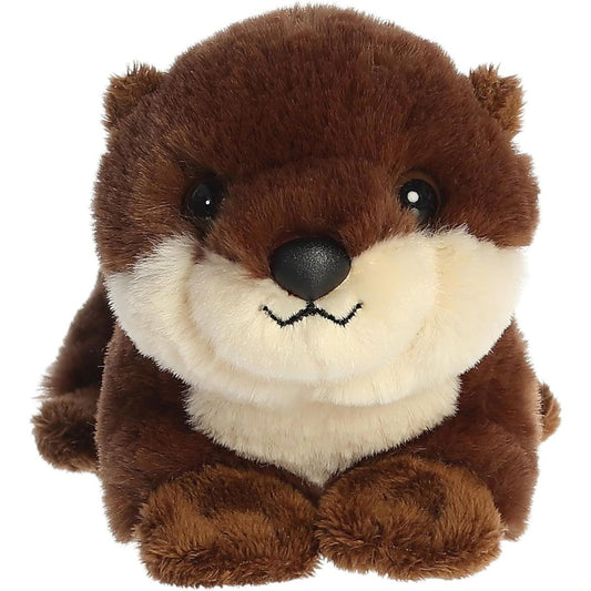 Straight-on front view of the otter pup stuffed animal highlighting its sweet cream-colored muzzle, black nose, and dark eyes.