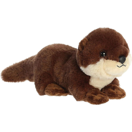 Angled side view of the Aurora Mini Flopsie River Otter Pup 8-inch plush resting on its belly, featuring rich brown and cream fur.