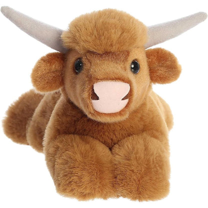 Straight-on front view of the soft Highland cow plush showing its sweet face, dark eyes, and pinkish-tan muzzle.