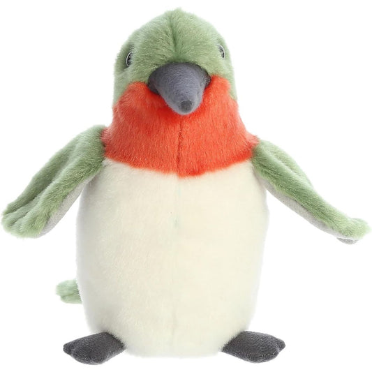 Straight-on front view of the hummingbird stuffed animal highlighting its vibrant red throat patch and long black beak.