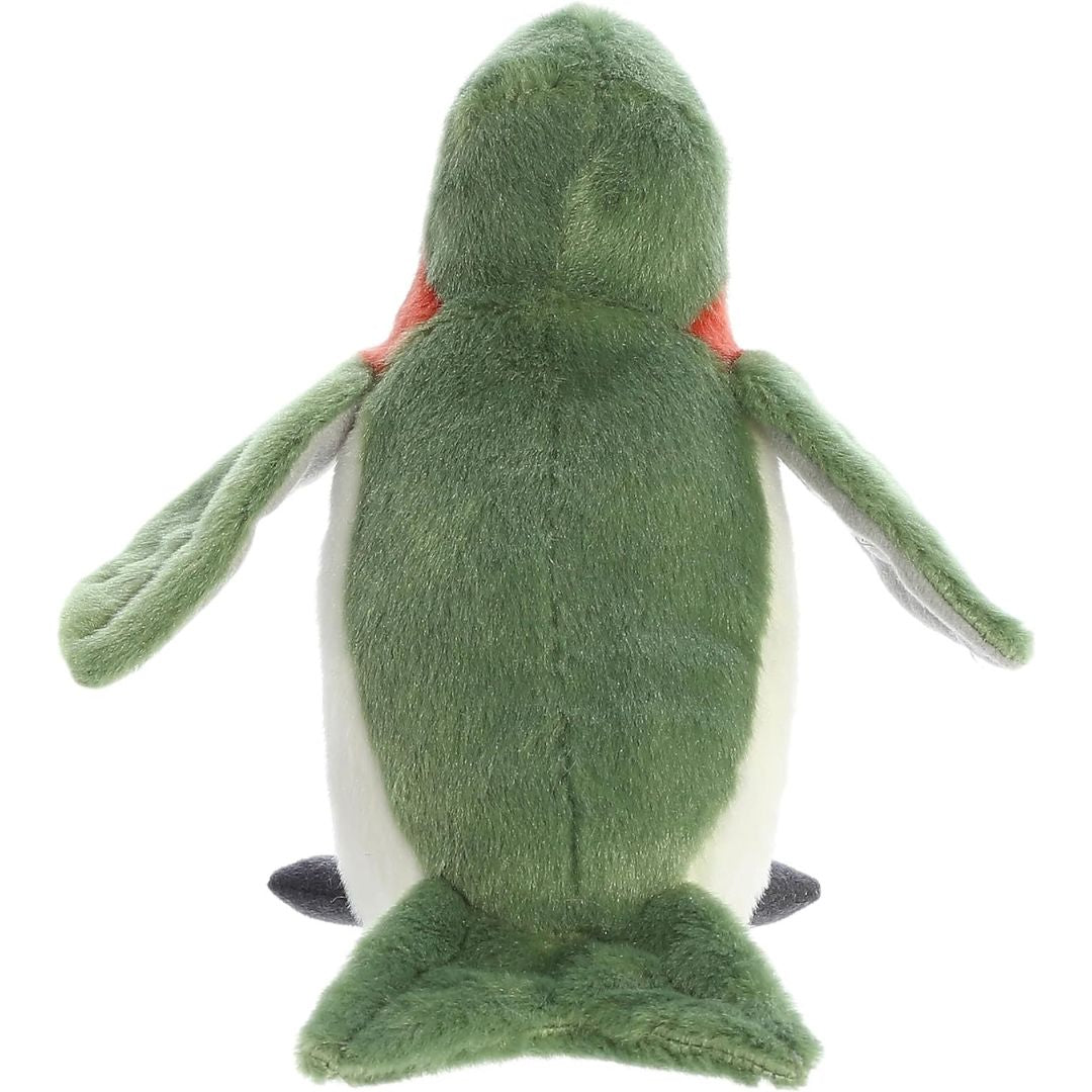 Rear view of the hummingbird plush showing its soft green back, spread wings, and white underbelly.