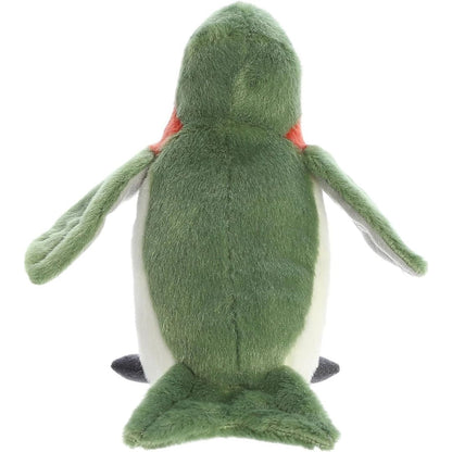 Rear view of the hummingbird plush showing its soft green back, spread wings, and white underbelly.