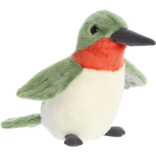 Angled side view of the Aurora Mini Flopsie Ruby-Throated Hummingbird 8-inch plush featuring green fur and a bright red throat.