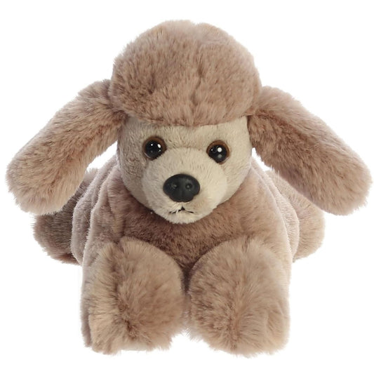 Straight-on front view of the poodle stuffed animal highlighting its sweet tan muzzle, black nose, and long floppy ears.