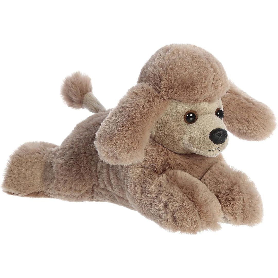 Angled front view of the Aurora Mini Flopsie Paysley Poodle 8-inch plush resting on its belly, featuring soft apricot-brown fur and a fluffy topknot.