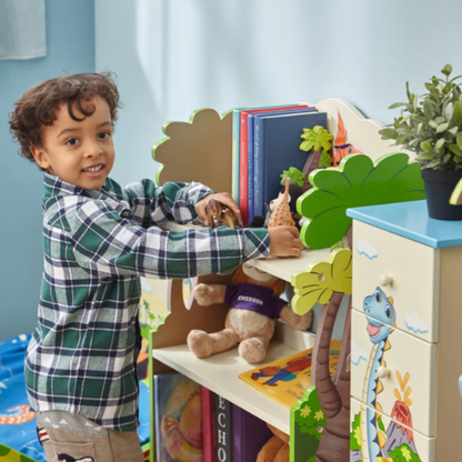 Teamson Kids Fantasy Fields Dinosaur Kingdom Bookshelf with Storage Drawer, Multicolor