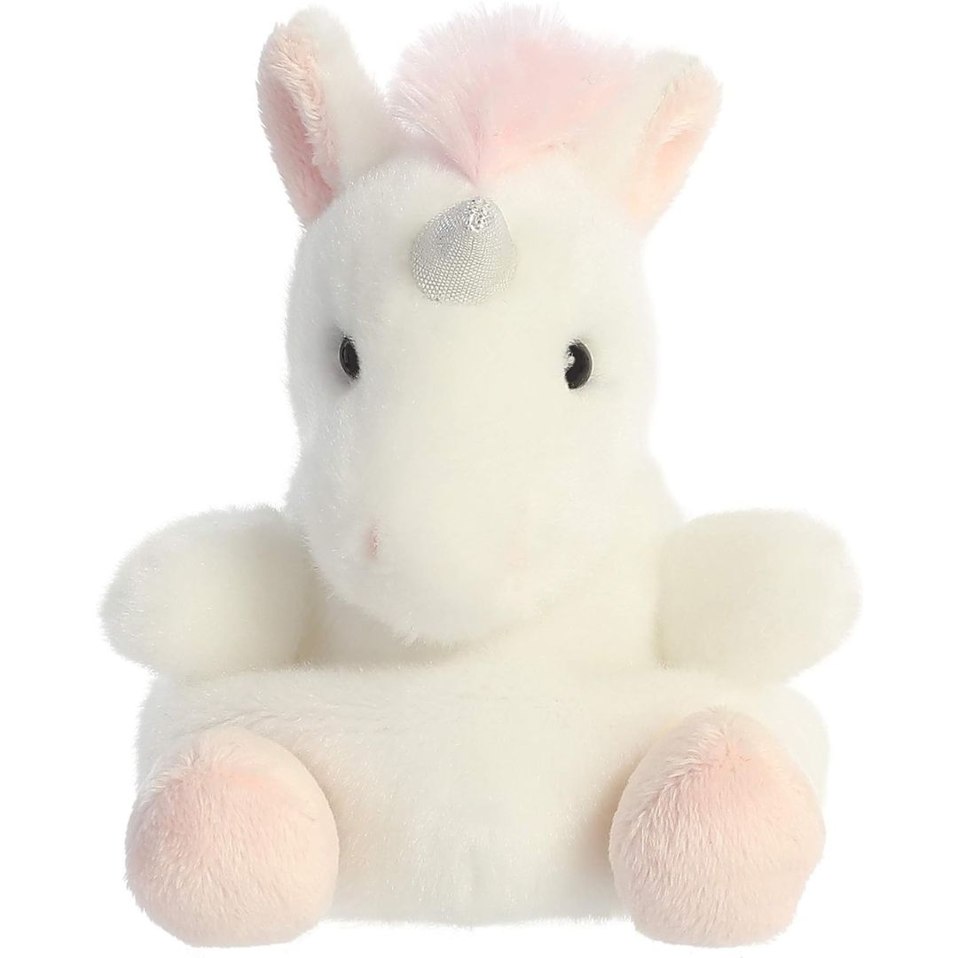 Front view thumbnail of the cute Sassy Unicorn plush sitting straight, highlighting its dark safety eyes, pink ears, and small pink plush feet.