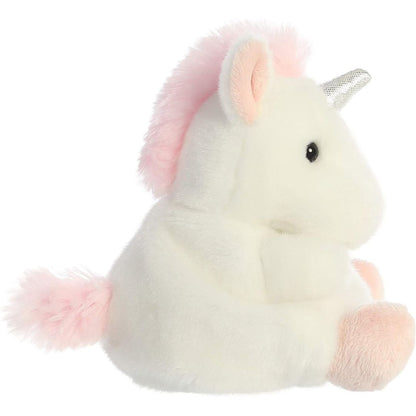 Side profile view thumbnail of the mini unicorn plush showcasing its soft seated posture, fluffy pink mane trail, and silver horn.