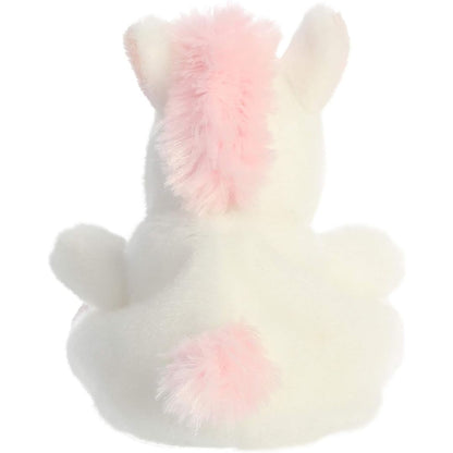 Rear view thumbnail of the Aurora unicorn stuffed toy displaying its smooth white plush backing, pink mane, and fluffy pink tail.