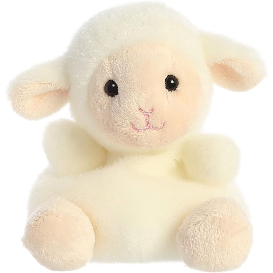 Front view thumbnail of the cute Woolly Lamb plush sitting straight, highlighting its dark safety eyes, pink stitched nose, and small outstretched paws.