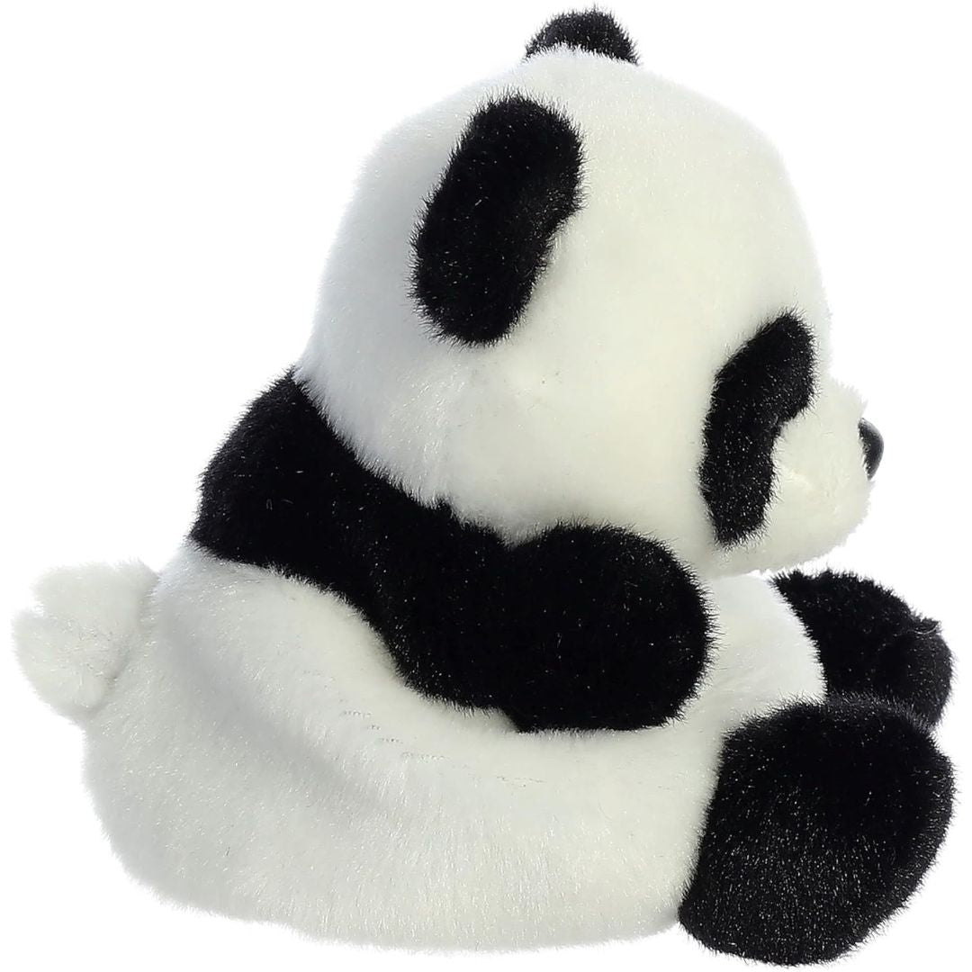 Side profile view thumbnail of the mini panda plush showcasing its plump seated posture, black shoulder saddle stripe, and a tiny white stubby tail.