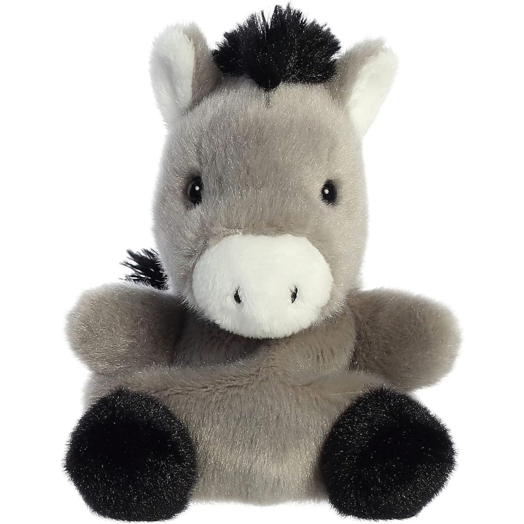 Front view thumbnail of the cute Eli Donkey plush sitting straight, highlighting its dark safety eyes, white snout, and black plush feet.