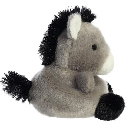 Side profile view thumbnail of the mini donkey plush showcasing its plush seated posture, spiky black mane trailing down the neck, and a fuzzy black tail.