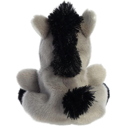 Rear view thumbnail of the Aurora donkey stuffed toy displaying its gray plush backing, central black mane, and fluffy black tail.