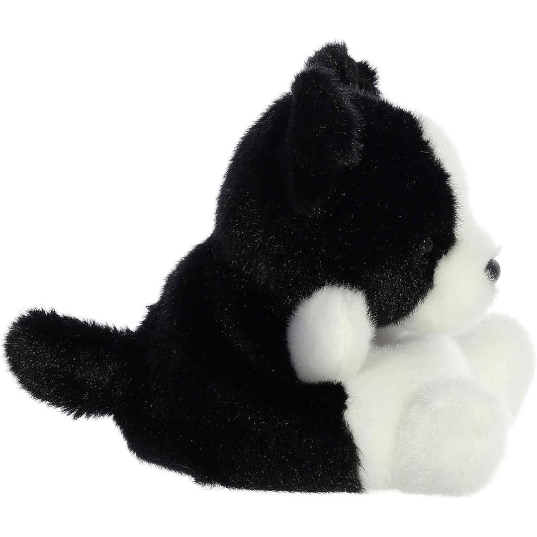 Side profile view of the Palm Pals Collie plush highlighting its round, perfectly squishy bean-weighted body, black back, and white belly.