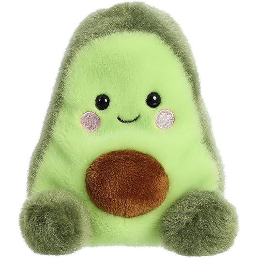 Front view of the adorable Aurora Airy Avocado stuffed animal featuring rosy pink cheeks, dark eyes, a sweet smile, and a round brown plush pit on its belly.