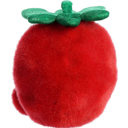Direct back view of the cuddly red Palm Pals strawberry stuffed animal showing its round back and seeds.