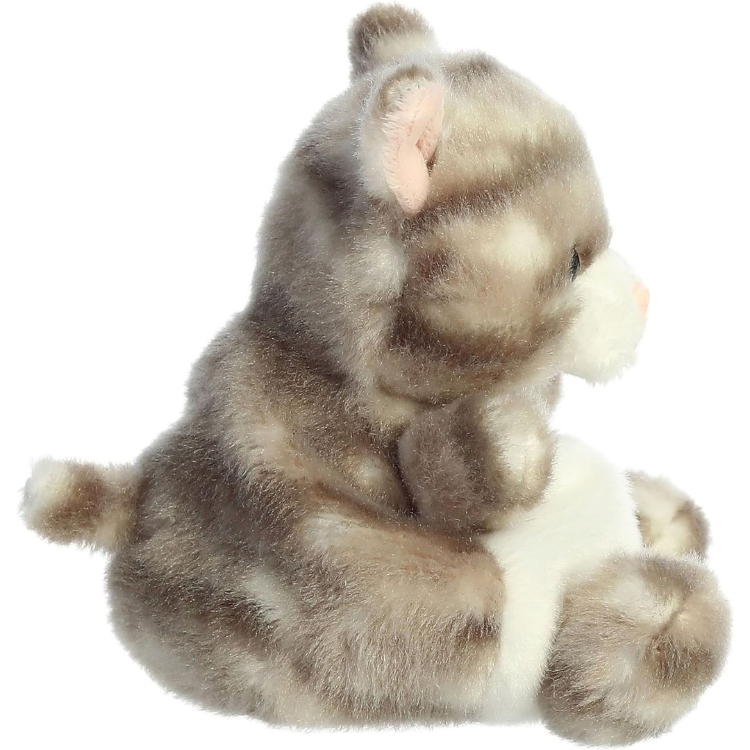 Side profile thumbnail of the gray striped cat plush showing its sitting posture and soft texture.