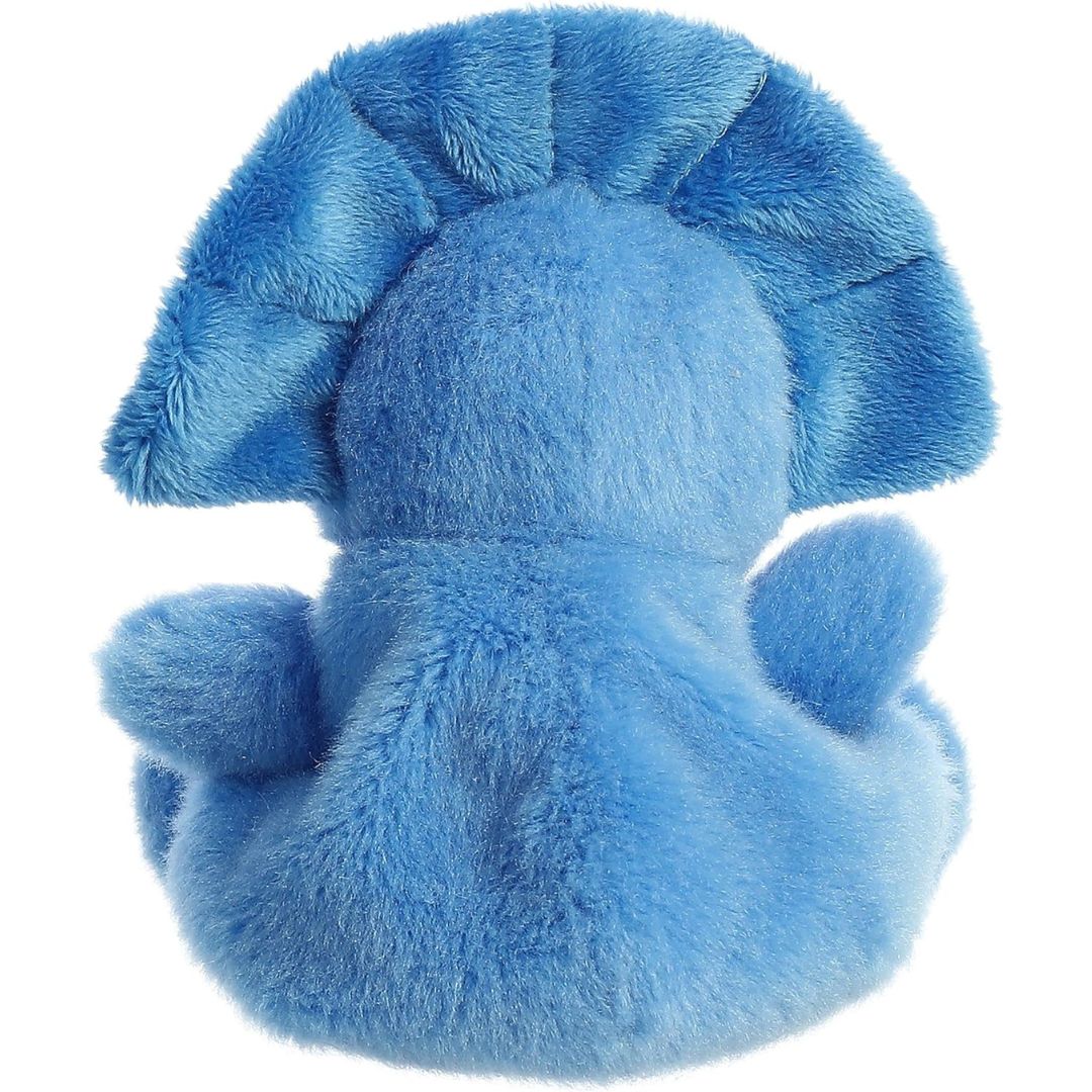 Rear view thumbnail of the Aurora triceratops stuffed toy displaying its smooth, solid blue plush backing and scalloped frill headpiece.