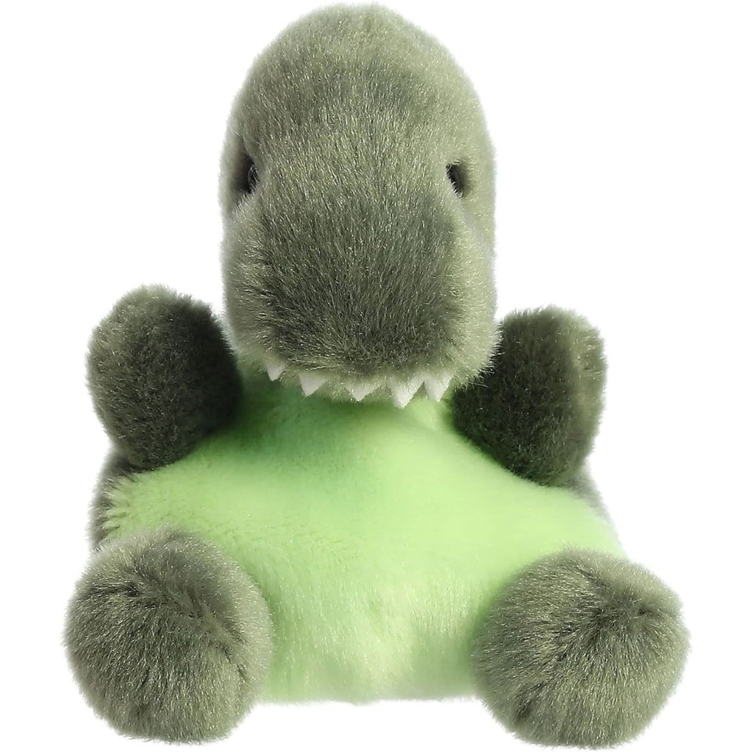 Front view of the adorable Aurora Tyranno Rex stuffed animal featuring sweet dark eyes, tiny arms, a light green belly, and soft white teeth.