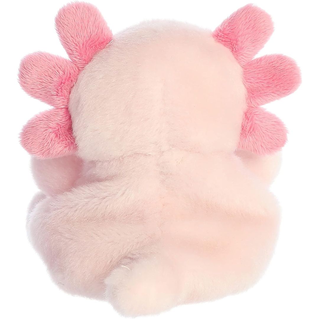 Rear view thumbnail of the Aurora axolotl stuffed toy displaying its smooth, solid pink plush backing, gill frills, and short tail.