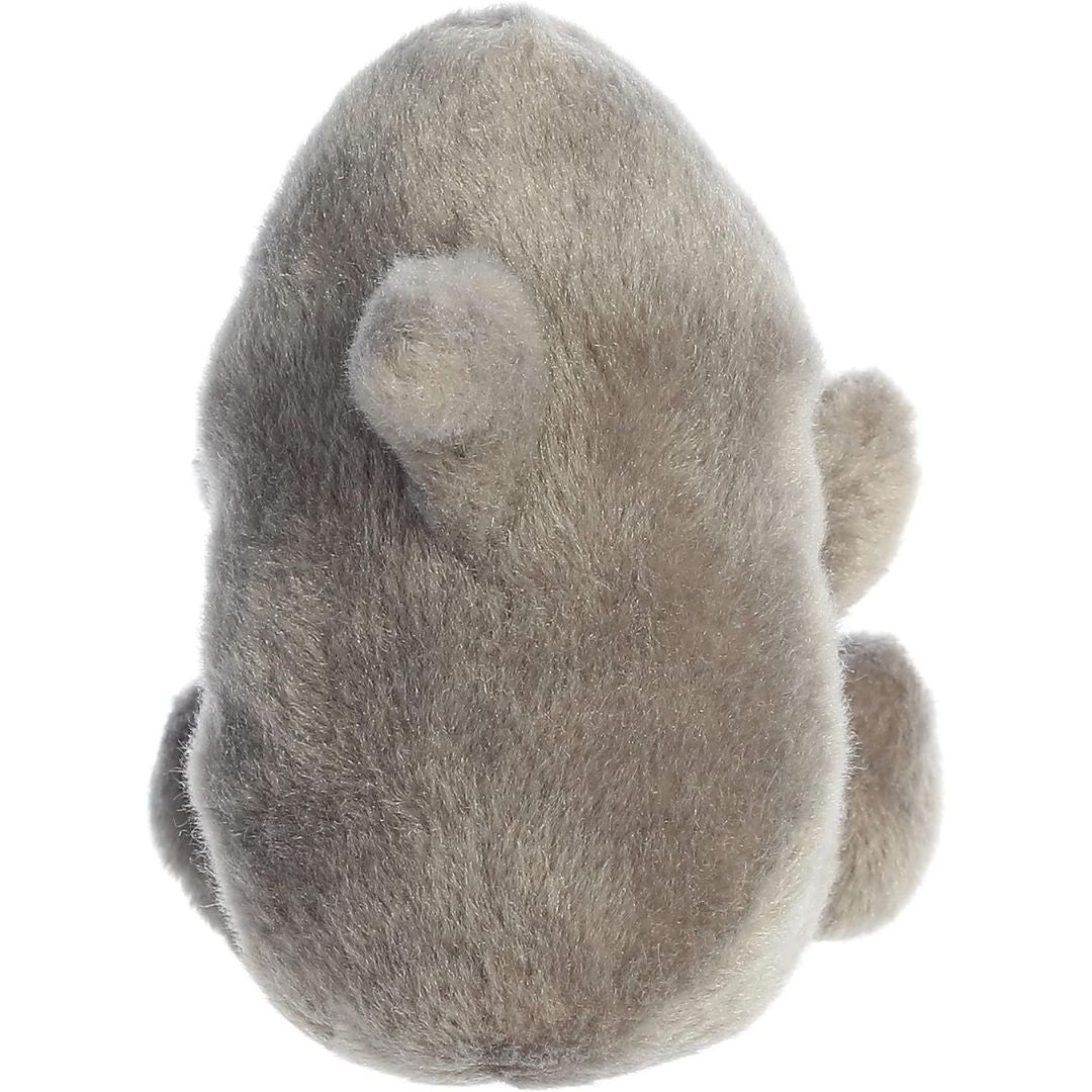 Back view of the Aurora Palm Pals shark plush toy showing its solid soft grey back, dorsal fin, and small tail fin.