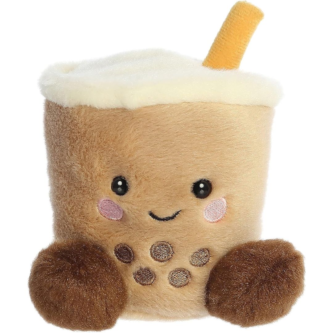 Front view of the adorable Aurora Milky Tea Boba stuffed animal featuring a sweet smile, rosy pink cheeks, dark eyes, and embroidered brown boba pearls.