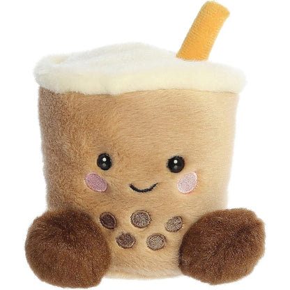 Front view of the adorable Aurora Milky Tea Boba stuffed animal featuring a sweet smile, rosy pink cheeks, dark eyes, and embroidered brown boba pearls.