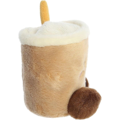 Side profile view of the Palm Pals Boba Tea plush highlighting its perfectly squishy bean-weighted body, white fluffy rim, and dark brown feet.
