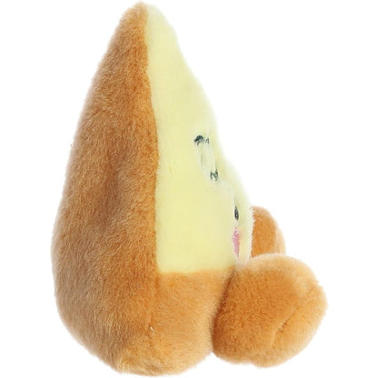 Side profile view of the Palm Pals Pizza Slice plush toy highlighting its bean-weighted sitting posture and golden-brown crust backing.