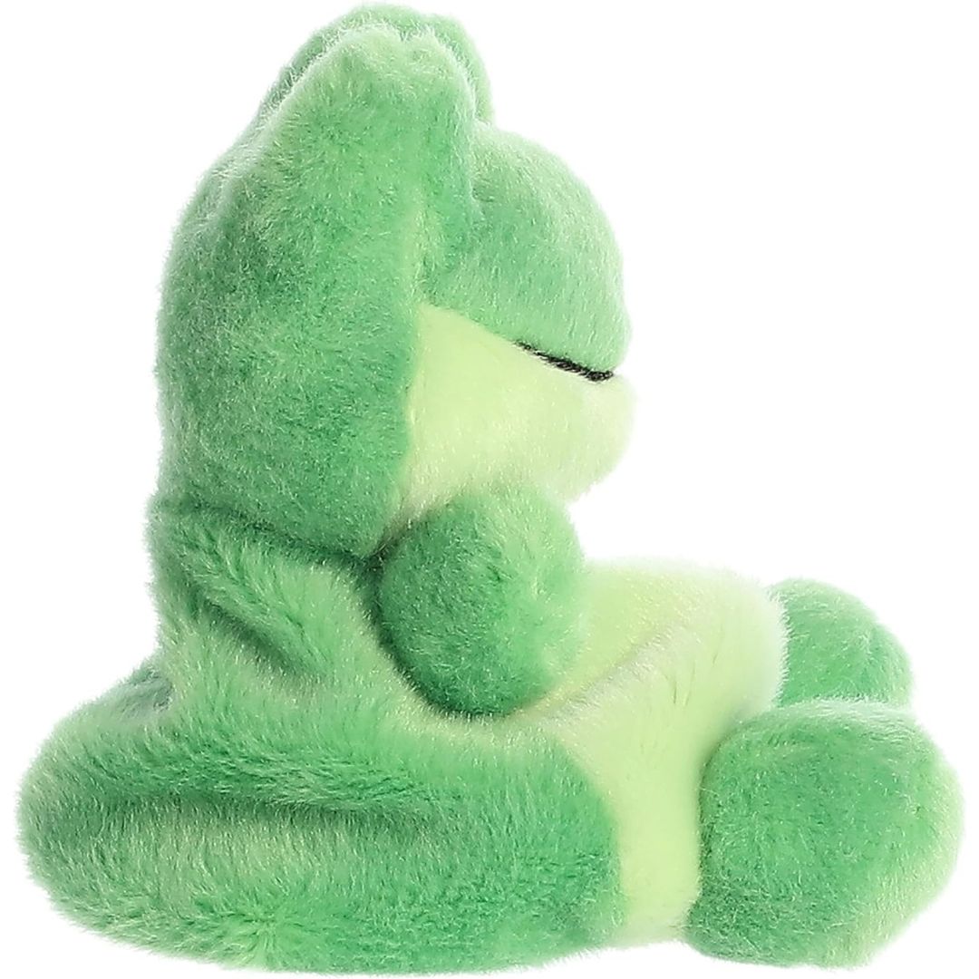 Side profile view thumbnail of the mini frog plush showcasing its rounded back profile, pale green chin, and soft seated posture.