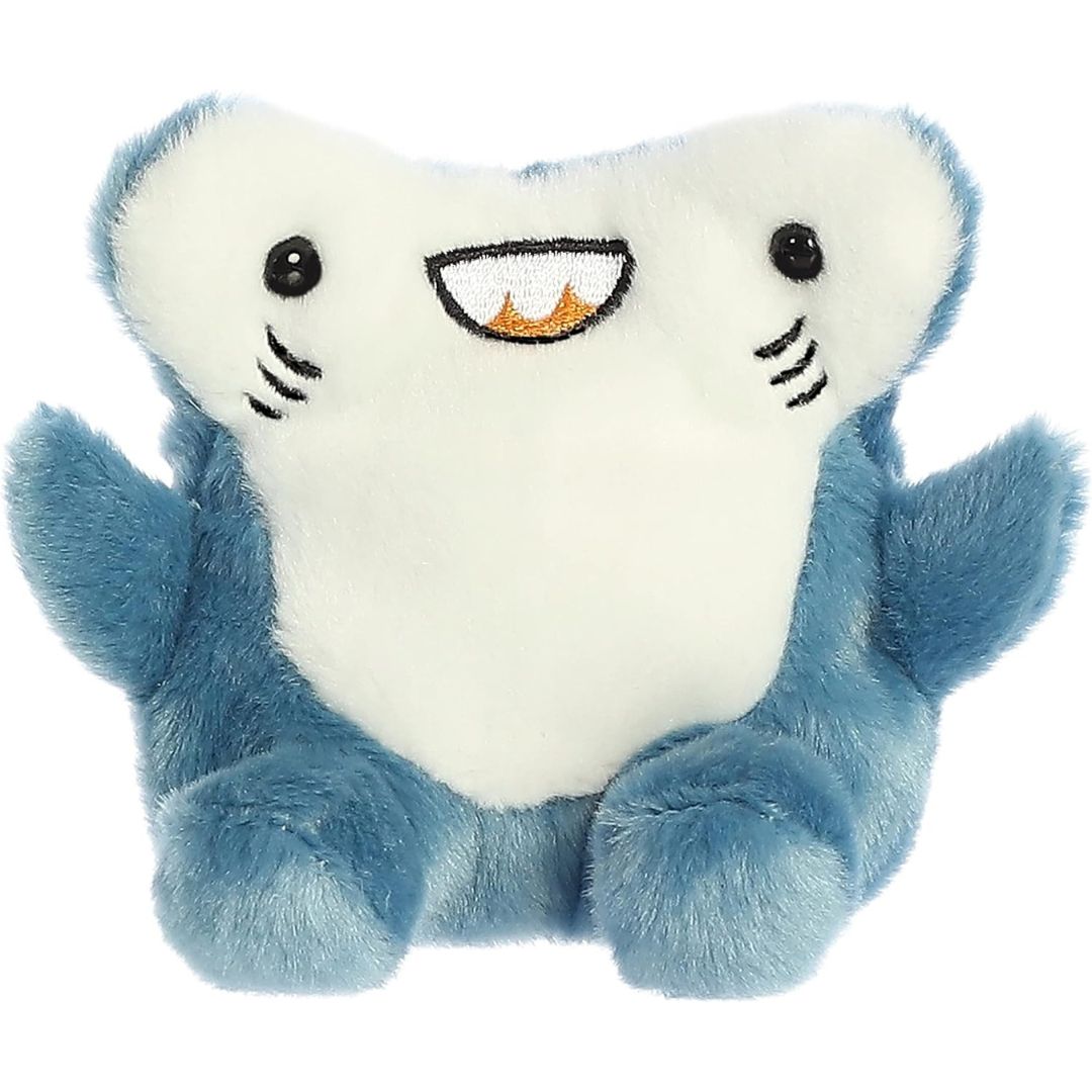 Front face view of the adorable Aurora Huddleston Hammerhead Shark stuffed animal featuring a wide head, sweet toothy smile, and embroidered gills.