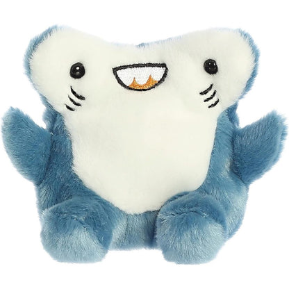 Front face view of the adorable Aurora Huddleston Hammerhead Shark stuffed animal featuring a wide head, sweet toothy smile, and embroidered gills.