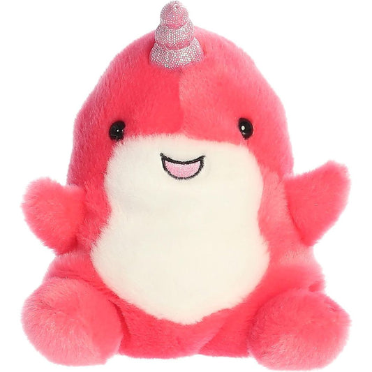 Front view of the cute Nia Narwhal plush sitting straight, highlighting its symmetrical flippers, dark safety eyes, and plush seated posture.