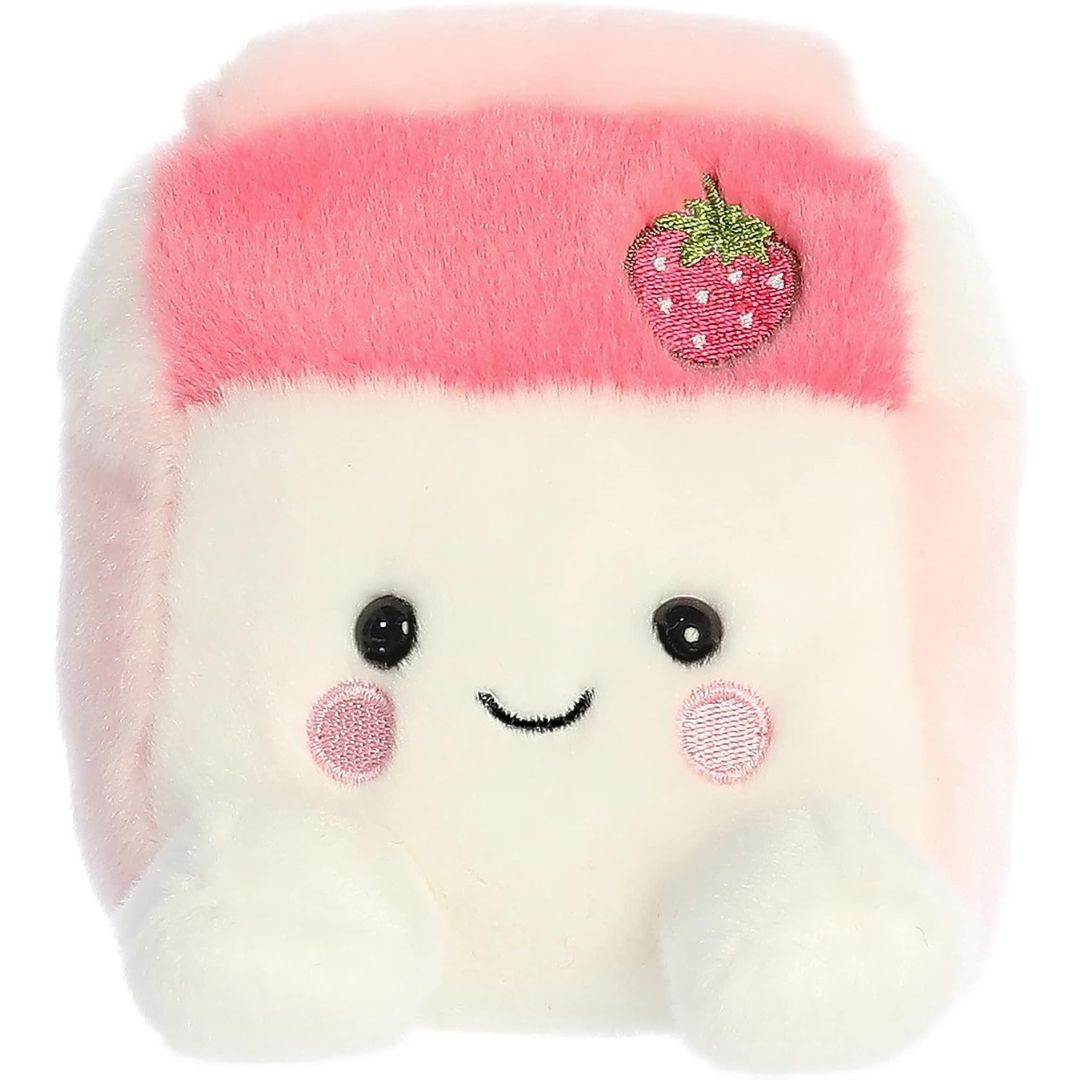Front view thumbnail of the cute Fresa Strawberry Milk plush sitting straight, highlighting its dark safety eyes, stitched smile, rosy pink cheeks, and small white feet.