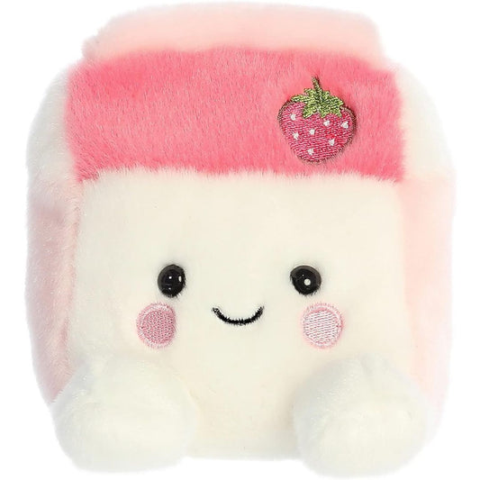 Front view thumbnail of the cute Fresa Strawberry Milk plush sitting straight, highlighting its dark safety eyes, stitched smile, rosy pink cheeks, and small white feet.