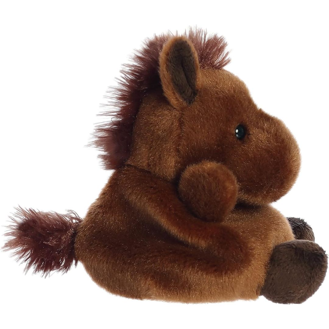 Side profile view thumbnail of the mini horse plush showcasing its rounded back, fuzzy dark mane down the neck, and soft seated posture.