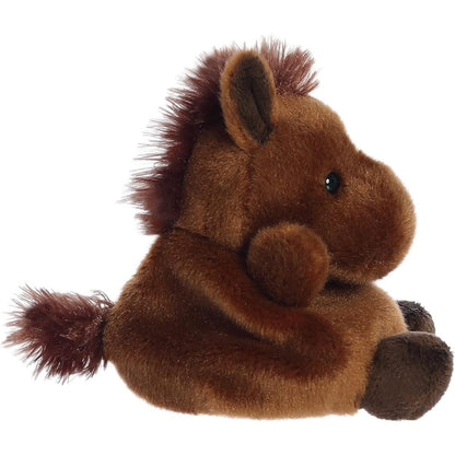 Side profile view thumbnail of the mini horse plush showcasing its rounded back, fuzzy dark mane down the neck, and soft seated posture.