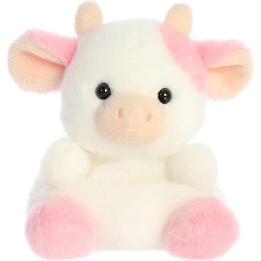 Front view of the adorable Aurora Belle Strawberry Cow stuffed animal featuring a sweet face, dark eyes, a pink snout, and tiny horns.