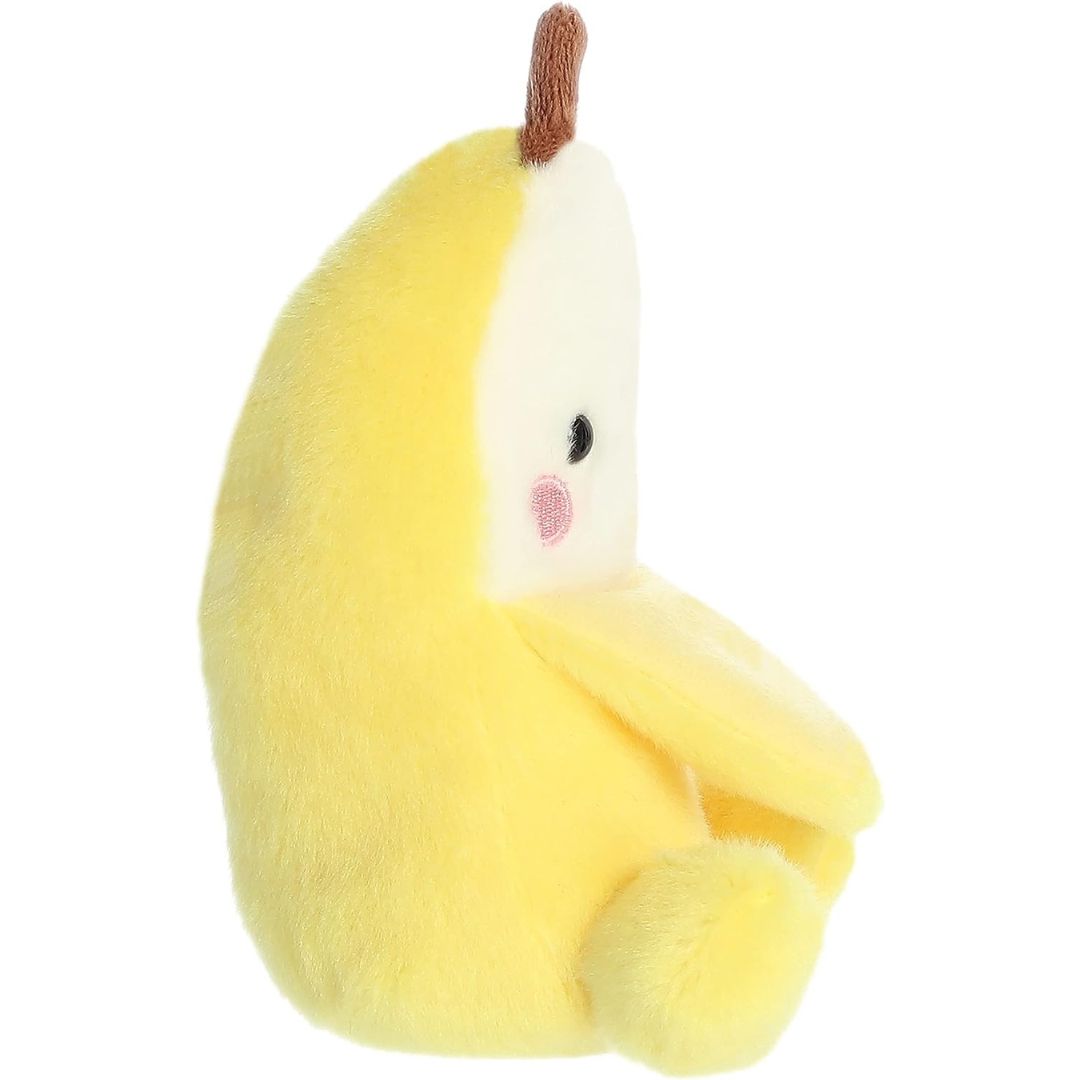 Side profile view thumbnail of the mini banana plush showcasing its curved yellow peel silhouette and soft seated posture.