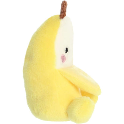 Side profile view thumbnail of the mini banana plush showcasing its curved yellow peel silhouette and soft seated posture.