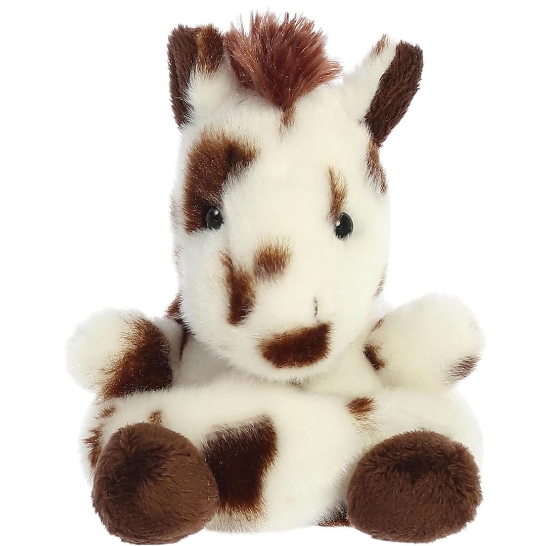 Front face view of the adorable Aurora Haymitch Painted Horse stuffed animal featuring a sweet face, brown spots, and dark eyes.