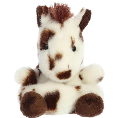 Front face view of the adorable Aurora Haymitch Painted Horse stuffed animal featuring a sweet face, brown spots, and dark eyes.