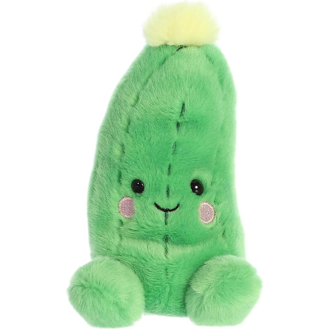 Front view thumbnail of the cute Dillian Cucumber plush sitting straight, highlighting its dark safety eyes, small stitched grin, and tiny green plush feet.