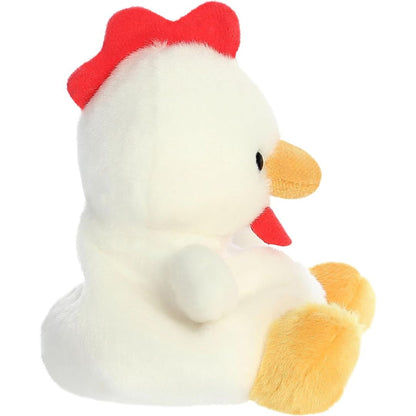 Side profile of the Aurora Palm Pals Cooper Chicken plush highlighting its red wattle, beak, and round shape.