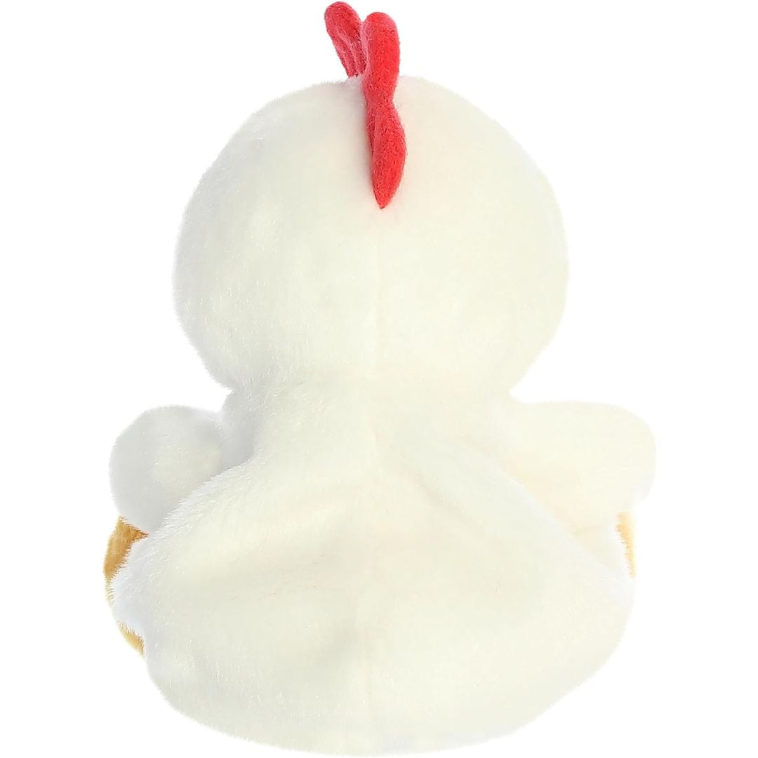 Back view of the cuddly white Palm Pals chicken stuffed animal showing its tail.