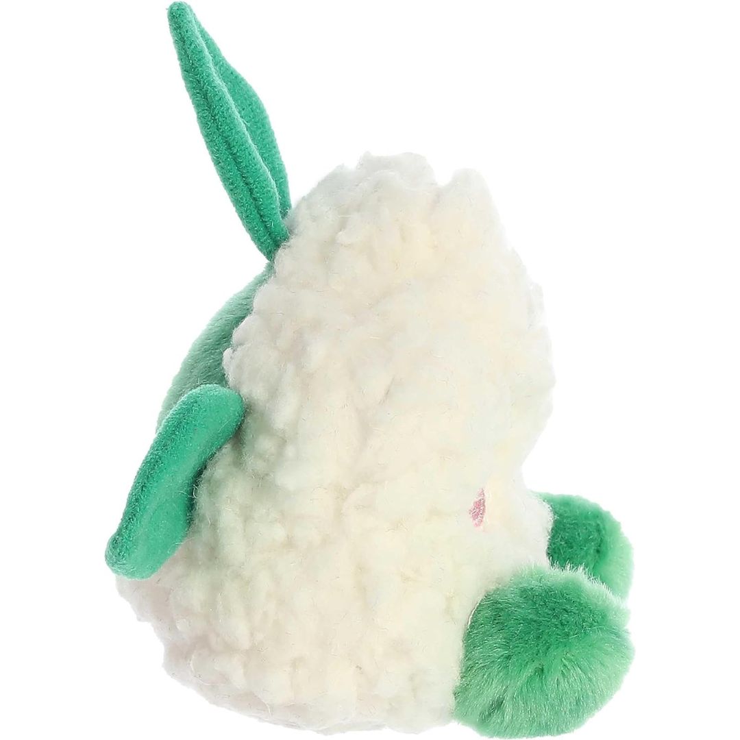 Side profile view thumbnail of the mini cauliflower plush showcasing its fluffy textured profile and extended green side leaf.