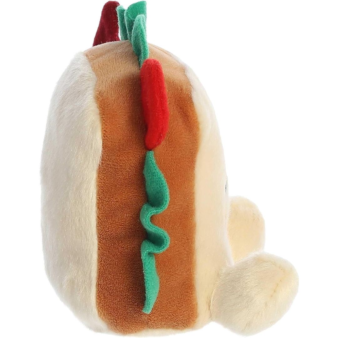 Side profile view thumbnail of the mini sandwich plush showcasing its layered ingredients, thick brown bread crust edge, and soft seated profile.