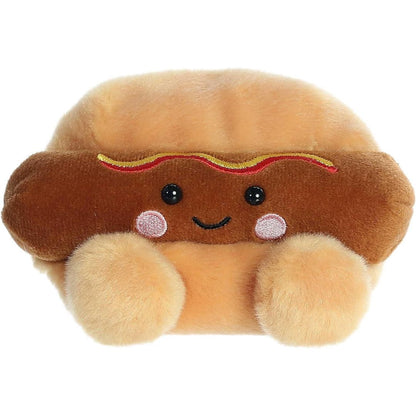 Front view thumbnail of the cute Colson Hot Dog plush sitting straight, highlighting its dark safety eyes, rosy pink cheeks, and small tan plush feet.